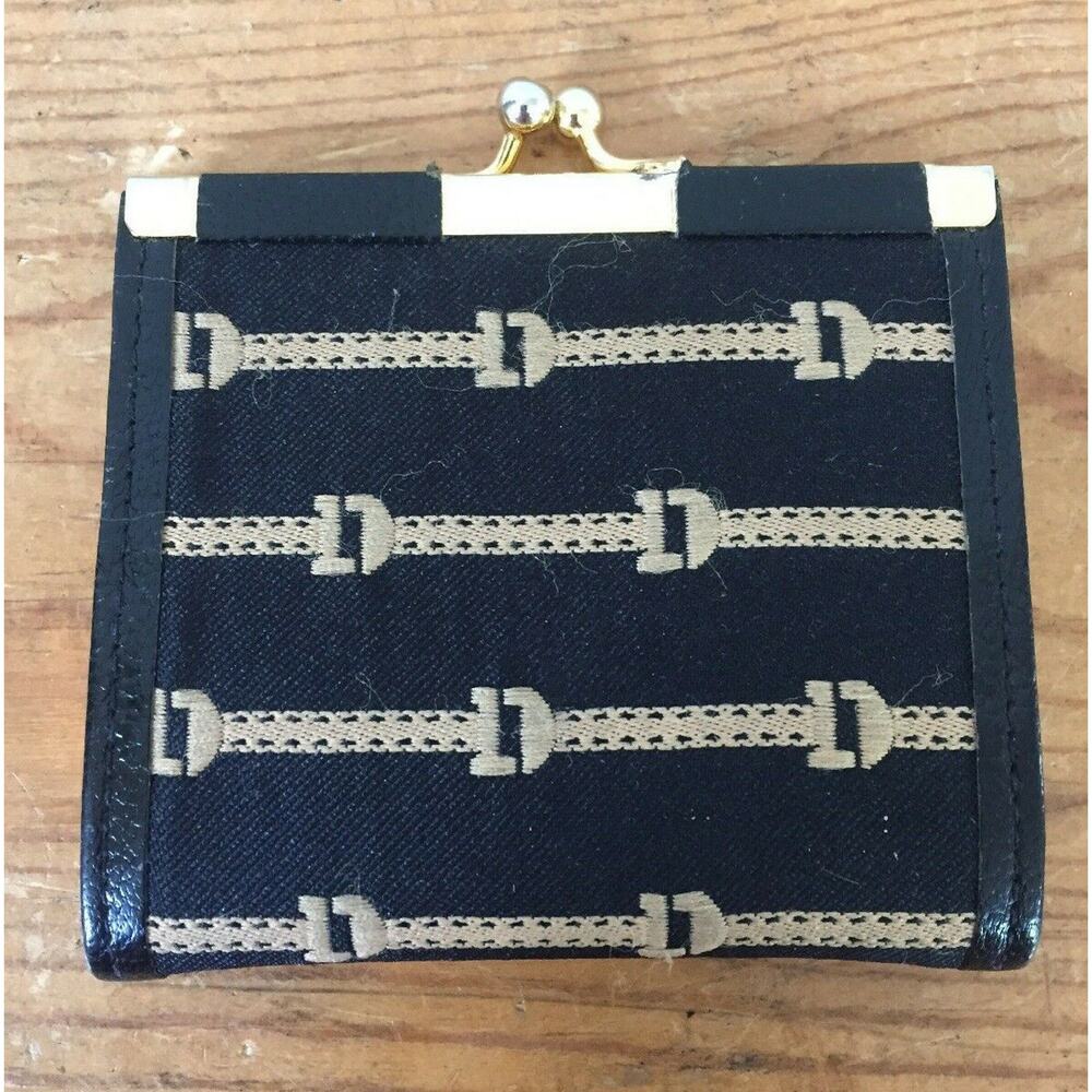Vtg I MAGNIN Gold Black Horse Bit Pattern Brass Fabric Small Coin Purse France